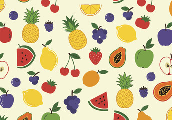 A seamless pattern featuring a variety of fruits, including pineapples, lemons, and watermelons, creating a vibrant and refreshing background for various designs