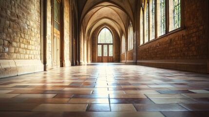 A spacious, ancient, stone corridor with arched windows and wooden doors, illuminated by sunlight, with a stone floor and brick walls.