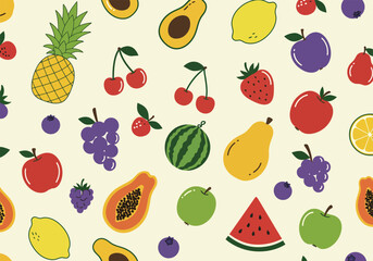 A seamless pattern featuring a variety of fruits, including pineapples, lemons, and watermelons, creating a vibrant and refreshing background for various designs