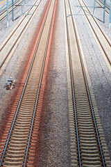 Fototapeta premium An aerial view of multiple railway tracks stretching into the distance, symbolizing transportation, journey, and the efficiency of modern railway systems.