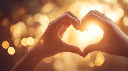 Fototapeta premium A pair of hands form a heart shape against a glowing sunset background, creating a warm and romantic atmosphere filled with soft bokeh lights.