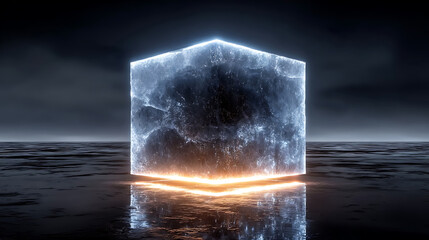 Futuristic illuminated cube on reflective surface in dim light