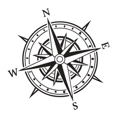 Classic nautical compass rose silhouette. Vector graphic icon for navigation, direction, travel, and exploration.
