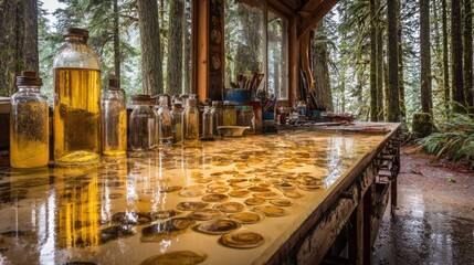 Workshop table with bottles and natural light.