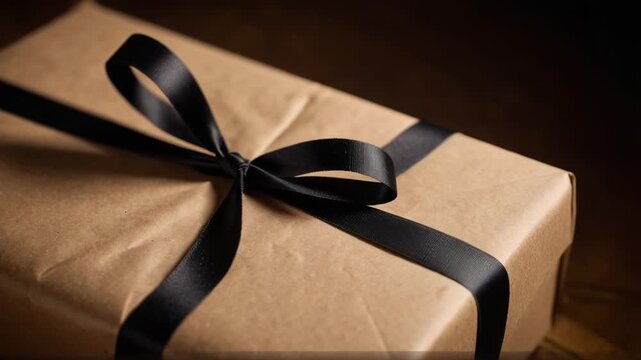A gift wrapped in brown paper and tied with a black ribbon, perfect for special occasions or as a decorative item