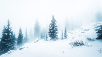 Naklejka premium Misty Winter Forest Landscape with Snow - Covered Trees, Serene Scenery for Nature or Seasonal Projects