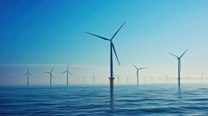 Offshore wind turbines in a calm sea with a clear blue sky.