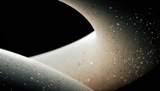 Abstract, smooth, curved forms in muted tones, speckled with tiny particles, against a dark backdrop