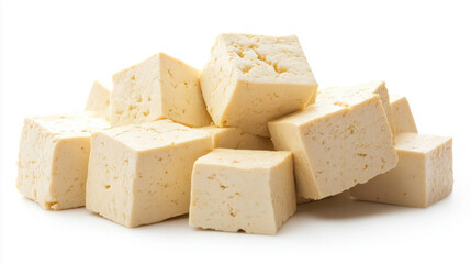 Closeup tofu isolated on white background. Heap of diced tofu. Cube tofy