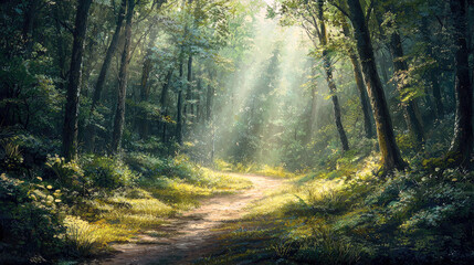AI Generated - Path winding through a lush green forest, with tall trees and plants on either side. Commercial illustration artwork for business applications. High-resolution. Premium quality.