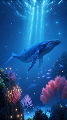 Fototapeta premium A bright blue whale swimming in a bioluminescent ocean with fluorescent corals around