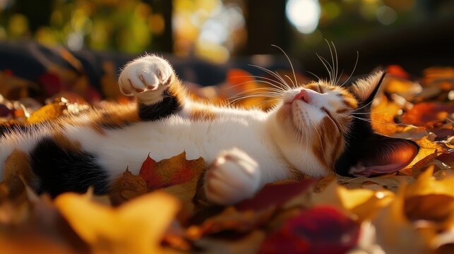 Calico cat enjoys peaceful nap amidst autumn leaves in golden sunlight