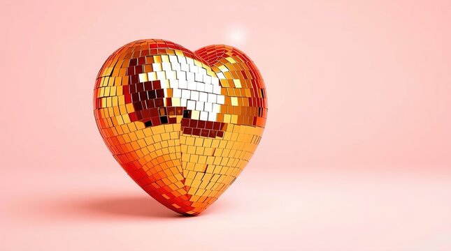 Golden sequin heart shines brightly against a soft pink background for valentine's