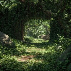 Lush jungle path through a verdant archway