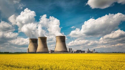 The Cooling Towers Amidst a Vibrant Yellow Field Under a Dramatic Sky
