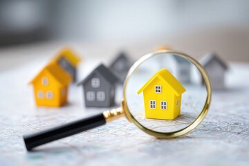 A yellow house model is magnified against a background of gray houses, highlighting real estate and property themes.