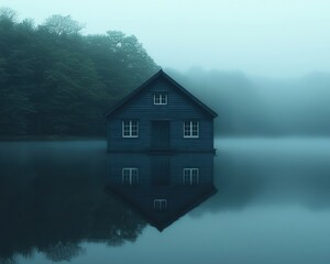 Misty morning scene of a small, dark-gray wooden house on a still lake