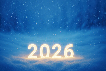 Snowy winter night featuring glowing numbers representing the year 2026 set against a soft, white landscape in a serene atmosphere