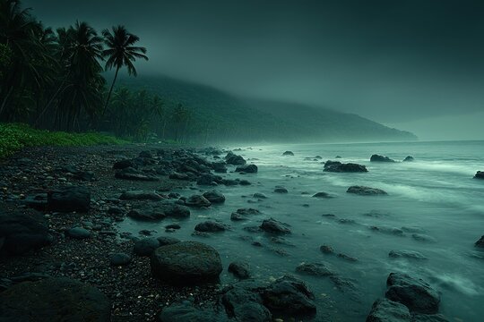 Misty, dark tropical beach at dawn or dusk. Dark, moody shoreline with palm trees. Rolling waves on a rocky beach