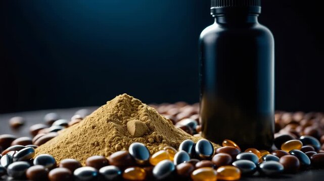 A bottle of liquid sits next to a pile of beans
