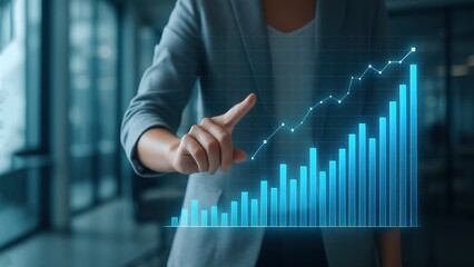 Woman points to floating holographic data in bright office, with glowing charts and natural light, Virtual Charts, Success Arrow