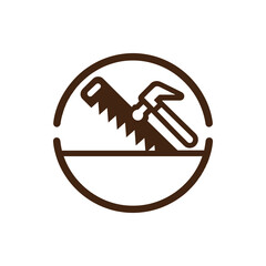 Tools for woodworking displayed in a circular emblem, symbolizing craftsmanship and skill