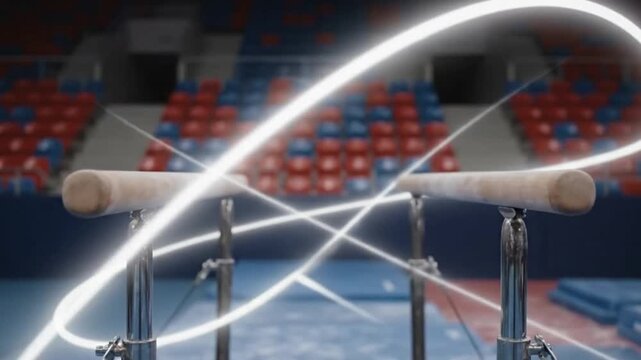 The dynamic energy of artistic gymnastics is captured by glowing light trails around uneven parallel bars in an empty competition arena.