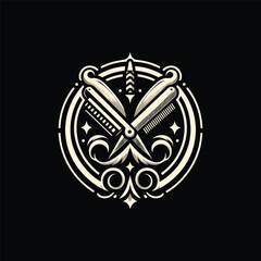 Vintage barber logo featuring crossed razors with decorative elements and stars