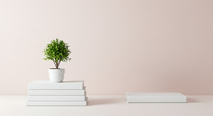 Potted Green Plant on Stack of White Books.