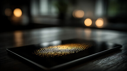Glowing biometric fingerprint on tablet screen in dark setting