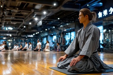 Obraz premium Meditation session in a modern gym with participants in traditional attire
