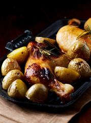 Crispy Baked Chicken Legs with potatoes.