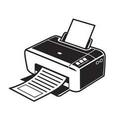 Black and white silhouette of a printer with paper coming out. A simple vector icon for office equipment and technology.