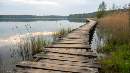 Obraz premium Rustic wooden boardwalk by a lake