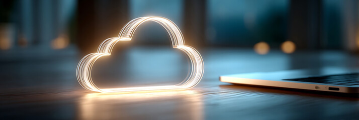 Glowing cloud icon on desk symbolizing digital technology concept