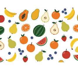 Seamless pattern of various fruits isolated on white background, a vibrant and summery design for textile, wallpaper, and various creative and decorative projects