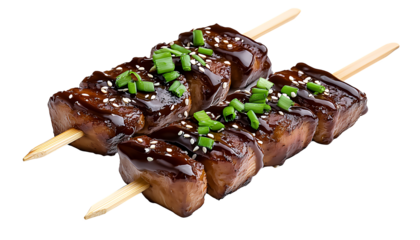 Glazed Meat Skewers Topped with Sesame Seeds and Chopped Scallions on Dark Backdrop