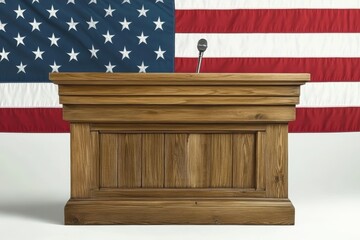 Wooden Podium Speaker Tribune USA. Official Speech Place. Politician speaking place with flag of United States of America. Illustration on white Background.