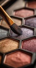 Close-up of a makeup eyeshadow palette with a brush.  A variety of eyeshadow colors, including golds, browns, purples, and grays, are arranged in a honeycomb pattern.  