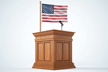 Wooden Podium Speaker Tribune USA. Official Speech Place. Politician speaking place with flag of United States of America. Illustration on white Background.
