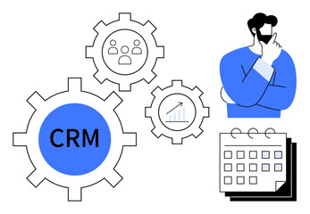 Gears labeled CRM, user icon, and growth chart highlight system features. Figure thinking next to a calendar connects strategy and organization. Ideal for management, planning, analytics, business