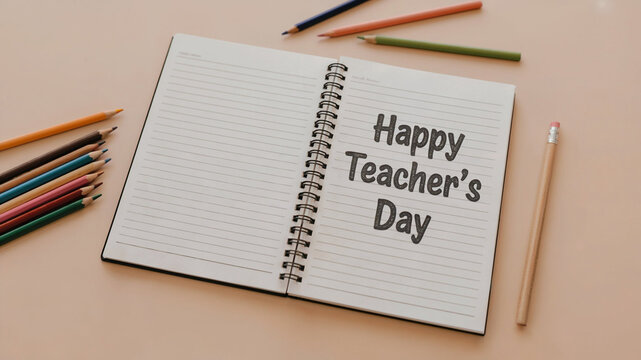 Happy Teacher's Day message with notebook and colored pencils