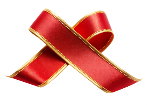 Red ribbon with gold trim symbolizing awareness and support