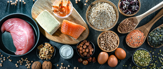 Food products rich in protein. High-protein diet