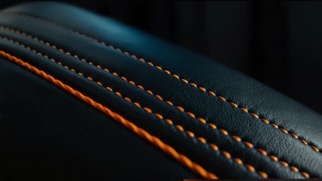 Close-up shot of a car seat with bright orange stitching