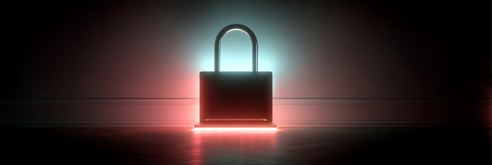 Glowing padlock with neon lights on dark background