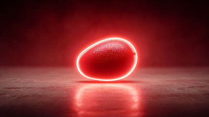 Glowing red egg on reflective surface in dark room