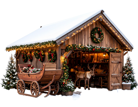 Santa’s Sleigh Garage Connected to Workshop – Transparent PNG