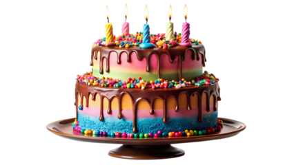 A festive two tiered rainbow birthday cake adorned with chocolate drizzle and sprinkles