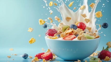 Bowl of breakfast cereal with splashes of milk on blue background. Healthy eating concept